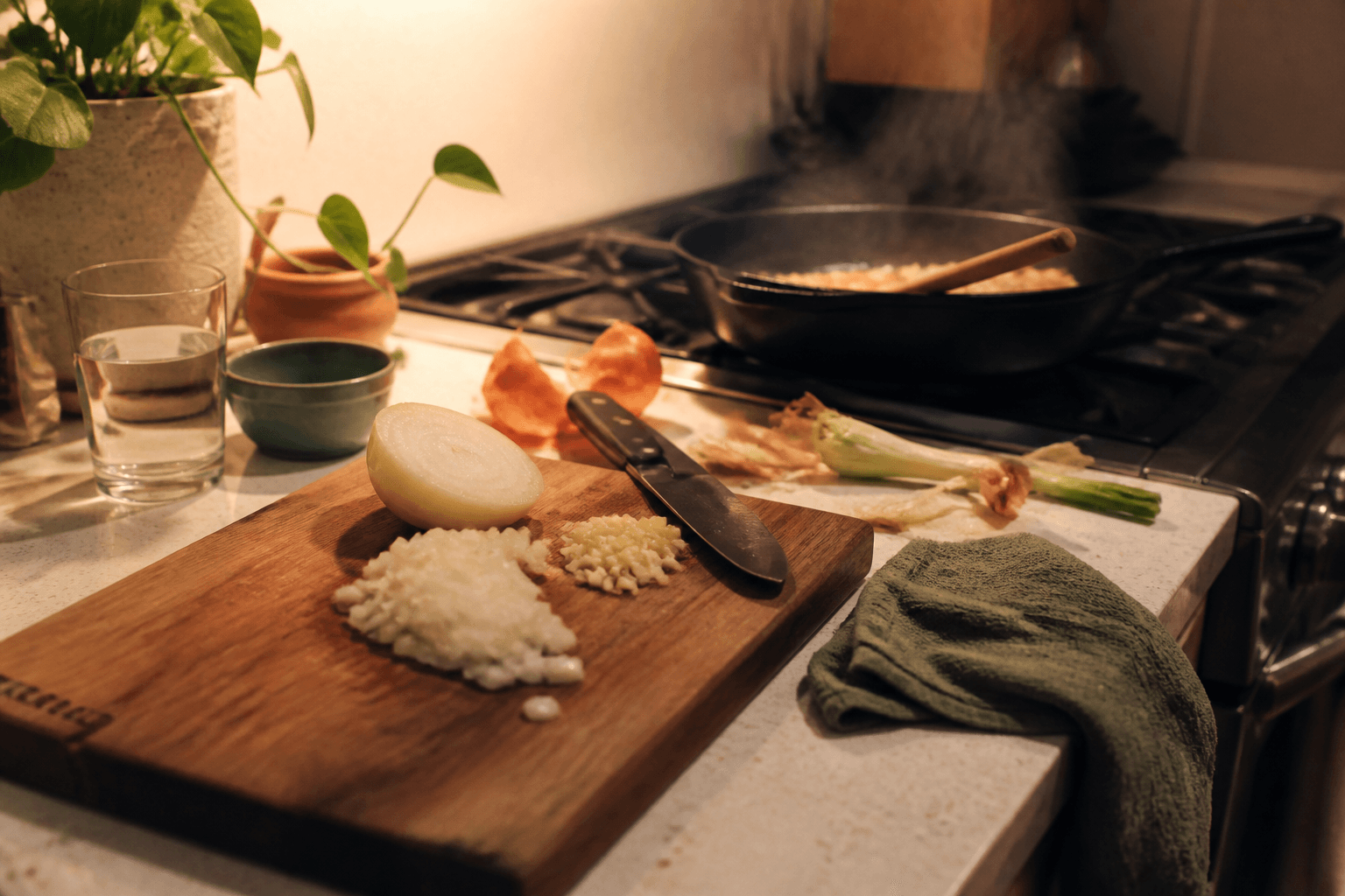 A lived-in home kitchen counter midway through cooking a weeknight dinner, with a cutting board, chopped onion, and a pan on the stove