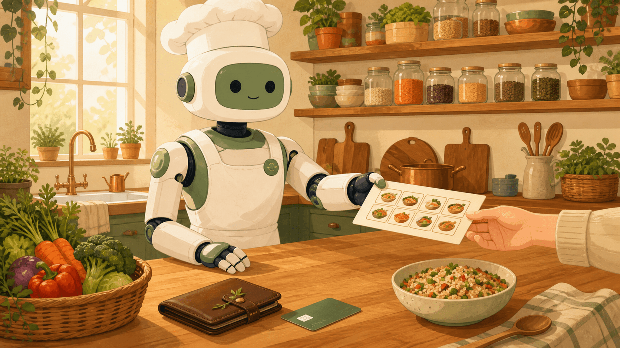 A robot chef hands over a free weekly meal plan while a wallet and bank card sit untouched on the kitchen counter