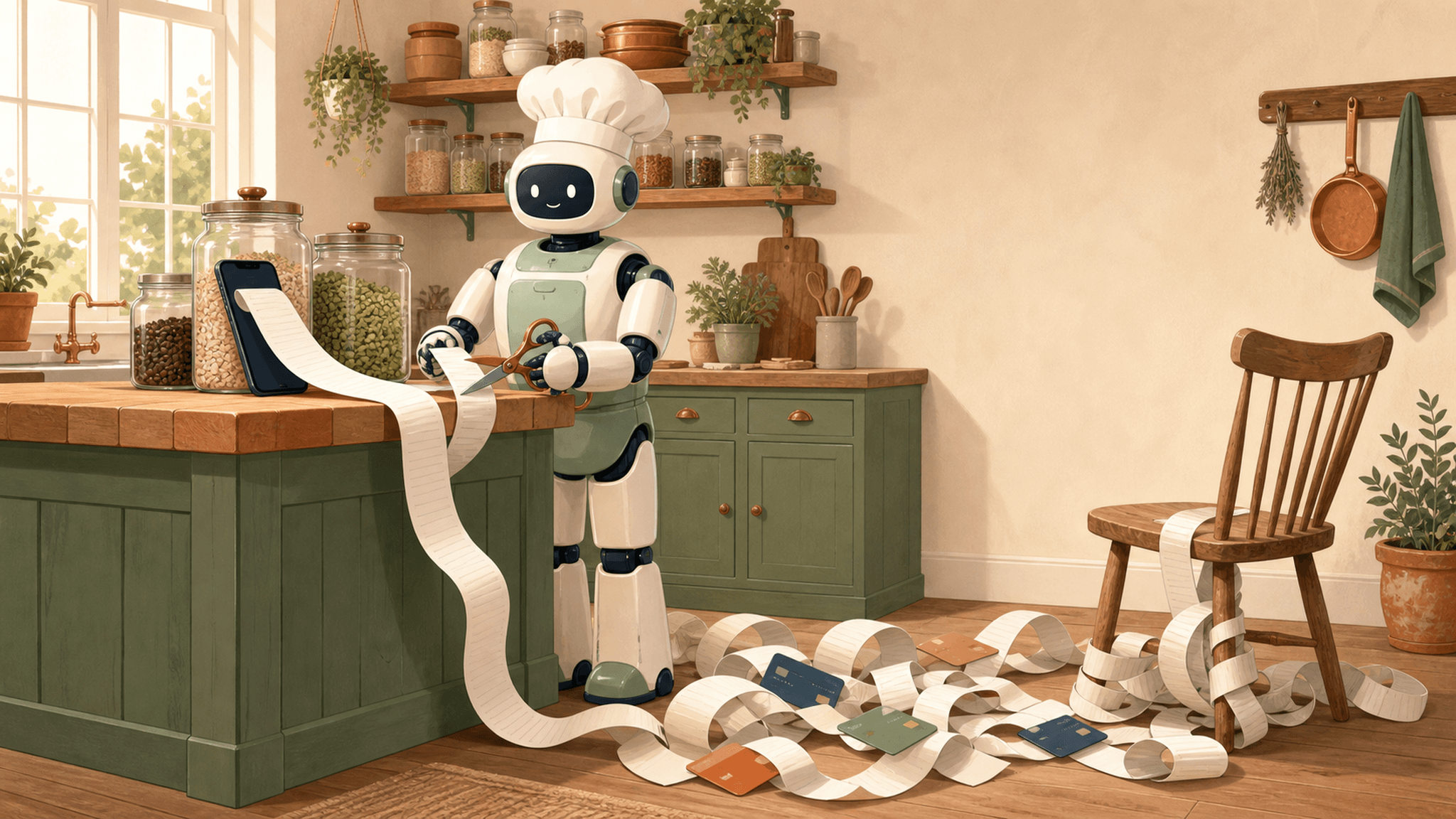 A subscription receipt spills out of a phone across the kitchen floor while a robot chef cuts it free with scissors
