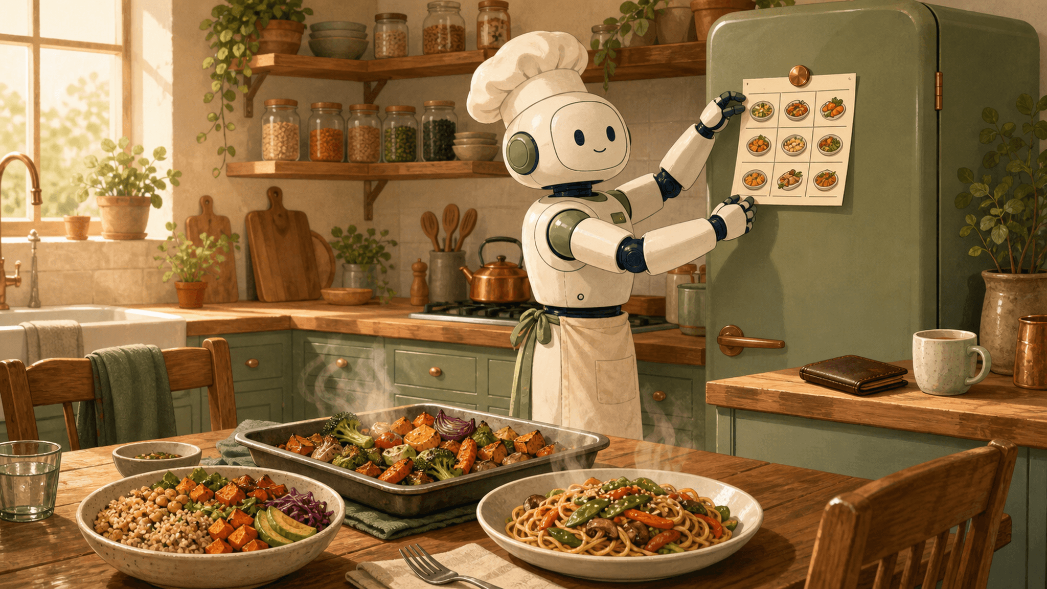 A robot chef pins a weekly meal plan to the refrigerator beside a table of finished dinners, with the wallet still closed