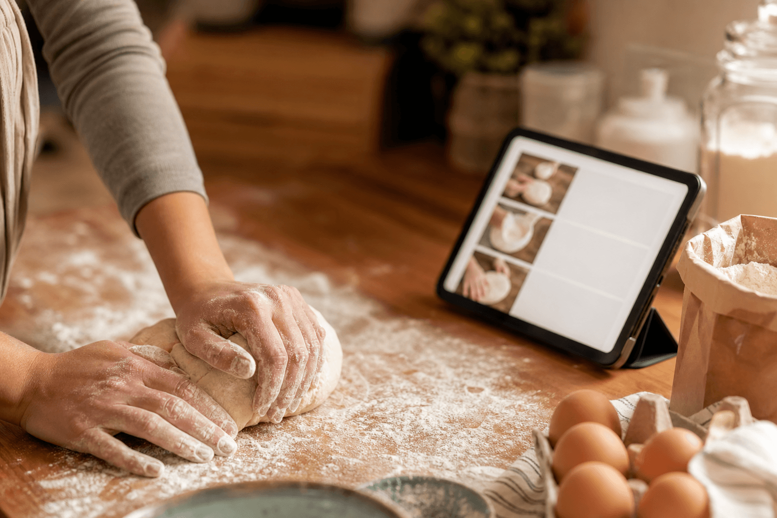 Cooking hands-free with a recipe on a tablet while flour covers your hands