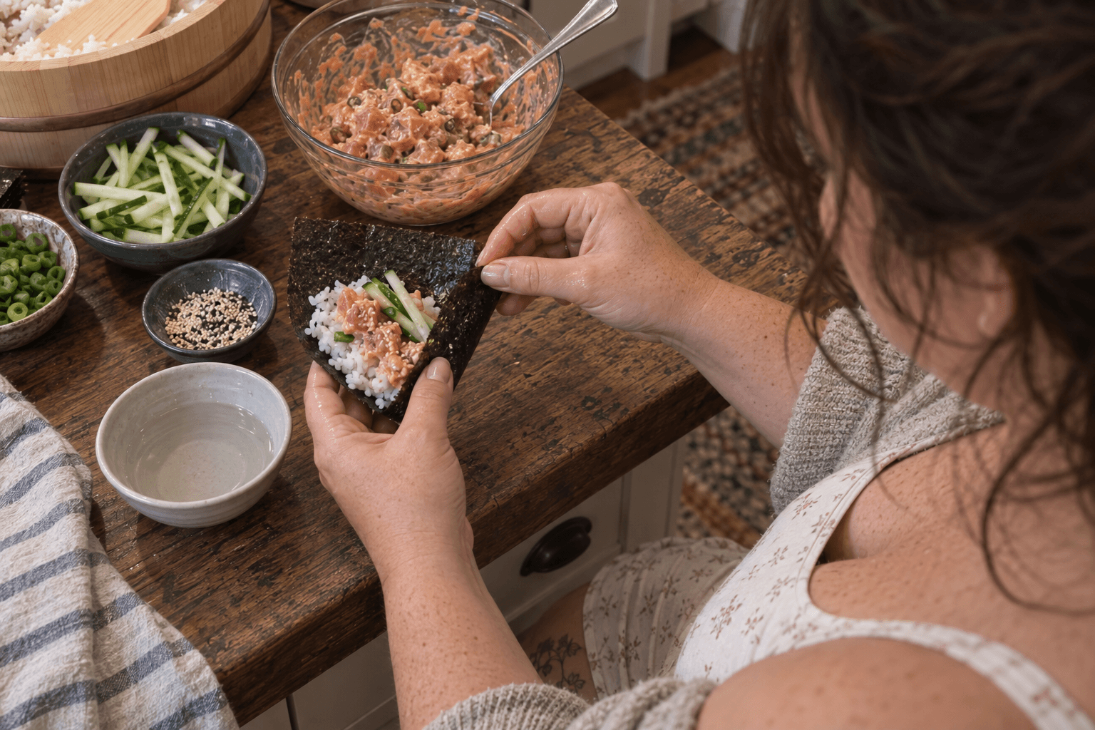 Close-up of hands rolling a spicy tuna temaki cone over a bowl of sushi rice