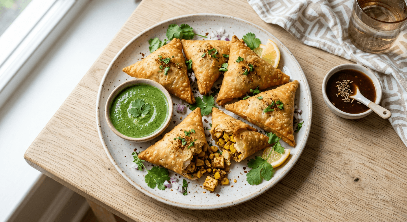Paneer and Corn Tikka Samosas