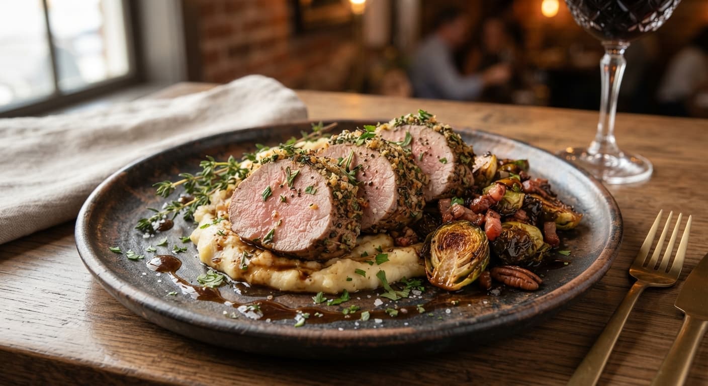 American Herb‑Crusted Pork Tenderloin with Roasted Brussels Sprouts
