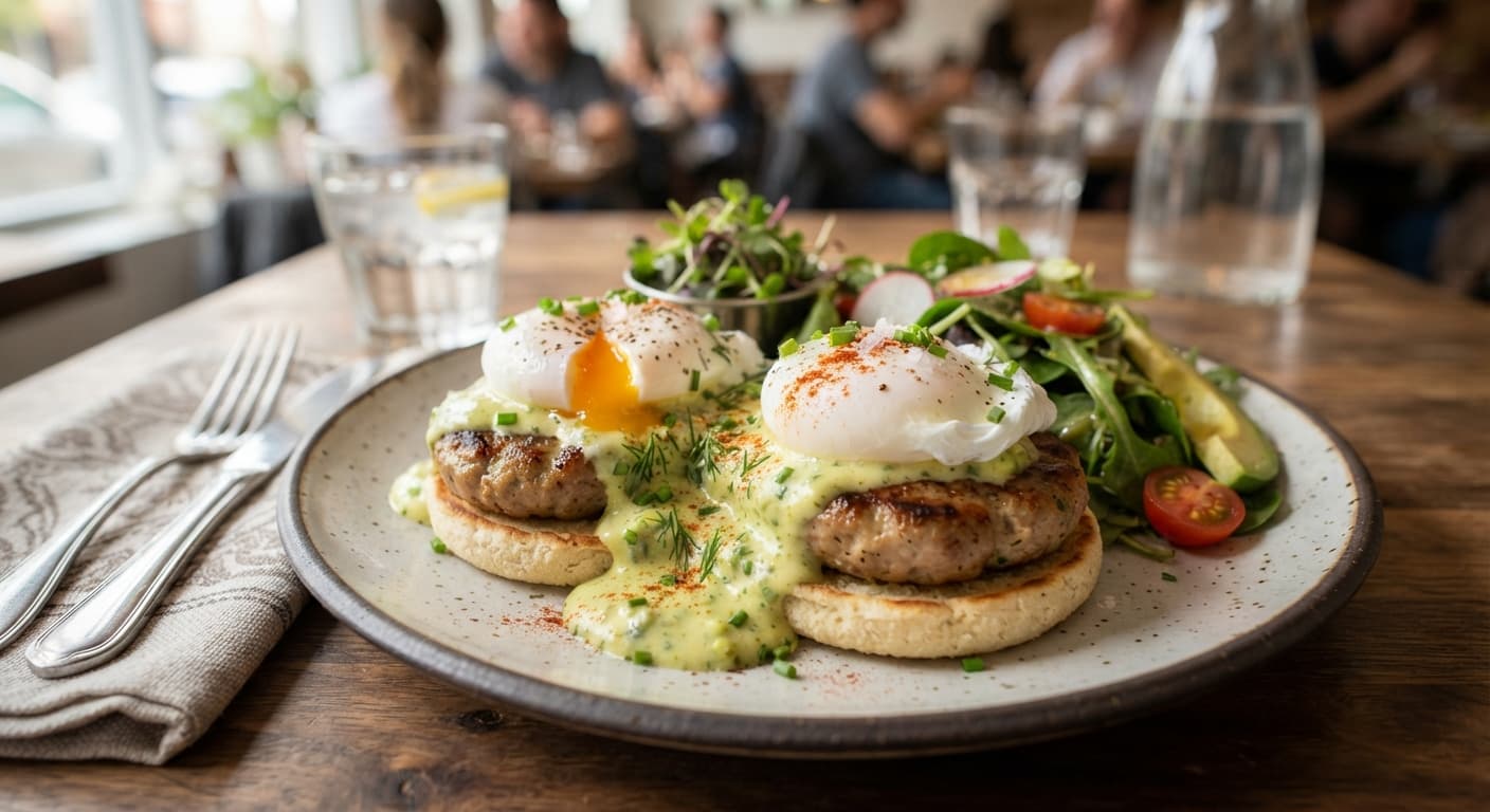 American Low-Carb Chicken-Sausage Benedict with Avocado Hollandaise
