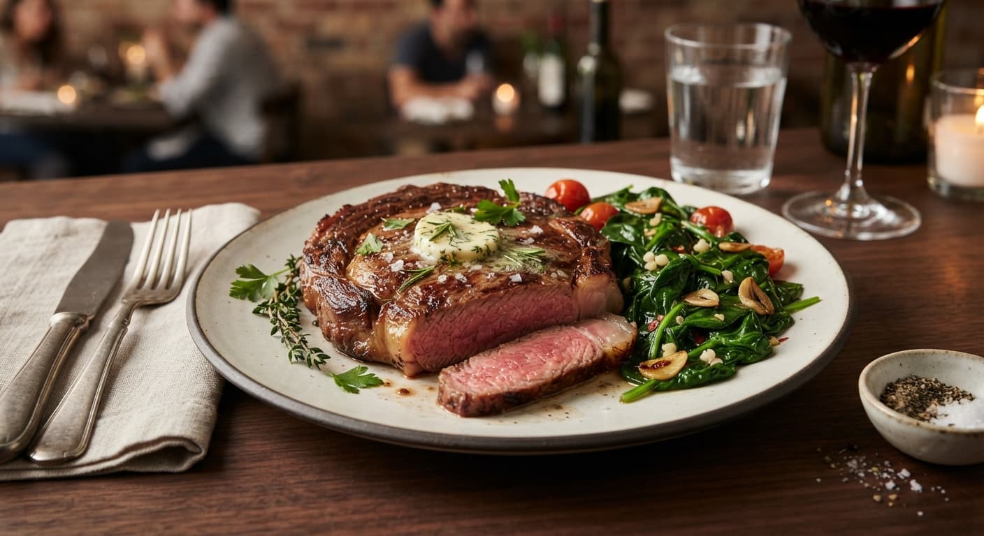 American Steak with Garlic‑Spinach Saute