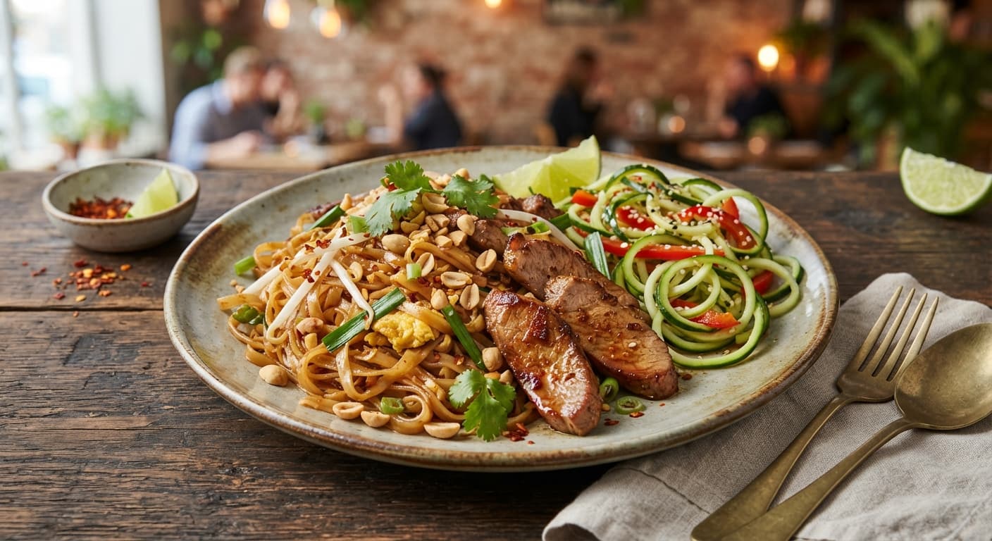 American‑Style Pad Thai with Pork Tenderloin and Spiralized Cucumber