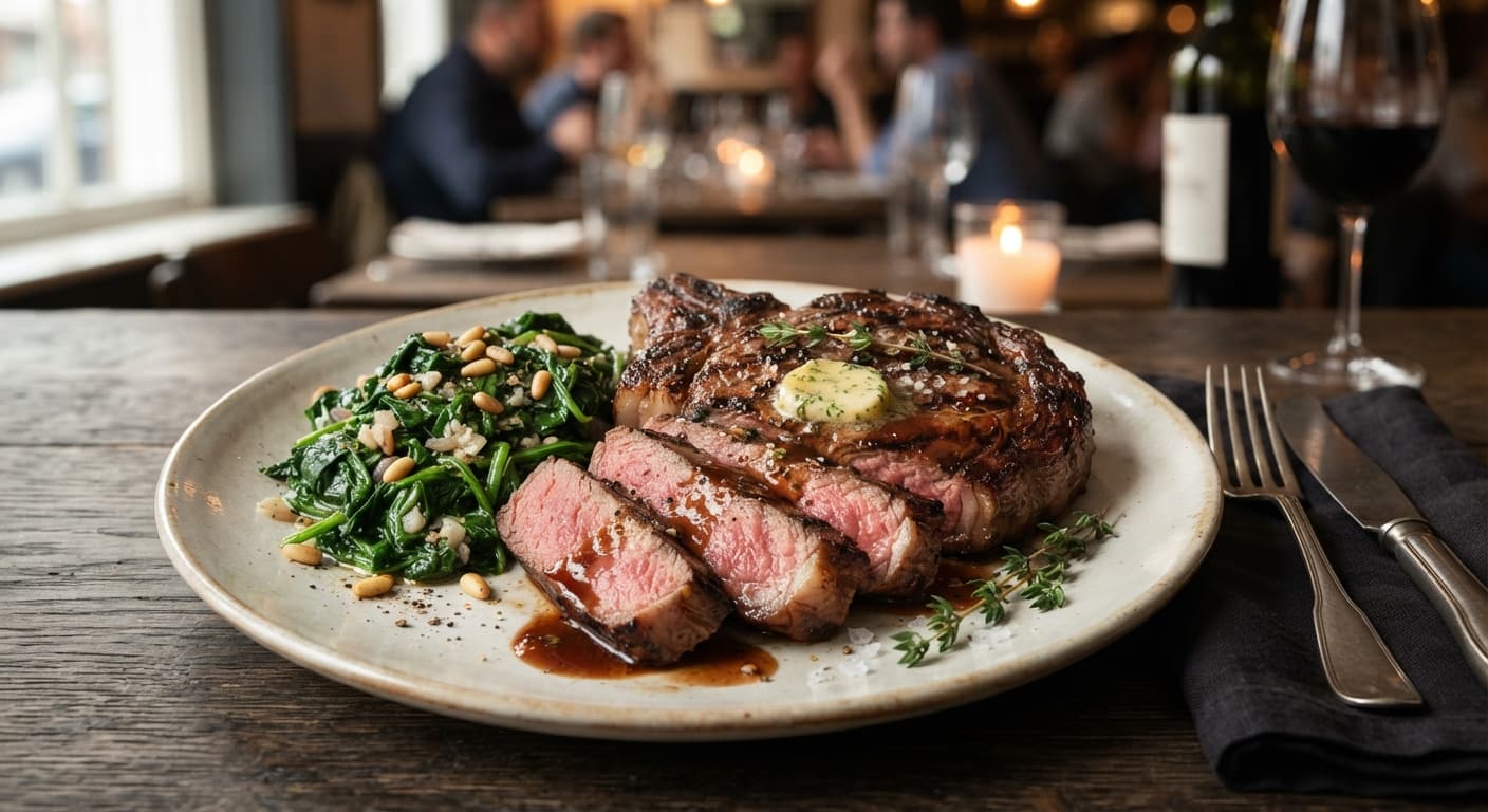 American‑Style Steak with Garlic‑Spinach Sauté