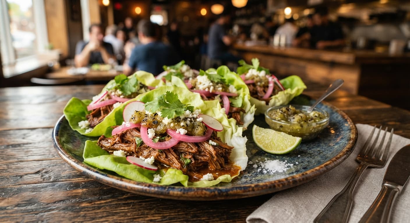 Ancho-Braised Beef Barbacoa Lettuce Tacos with Charred Tomatillo Salsa and Pickled Red Onion