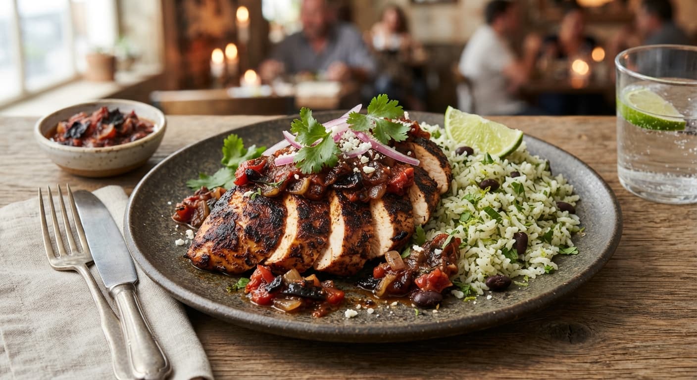 Ancho-Chile Chicken with Charred Salsa Roja and Cilantro Rice