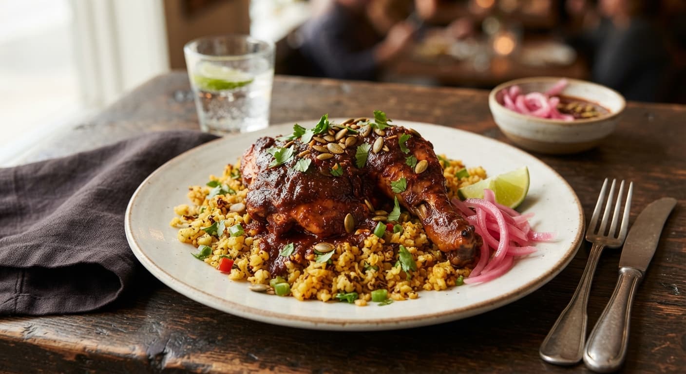Ancho-Chili Braised Chicken with Charred Corn-Free Cauliflower Rice and Pickled Red Onion