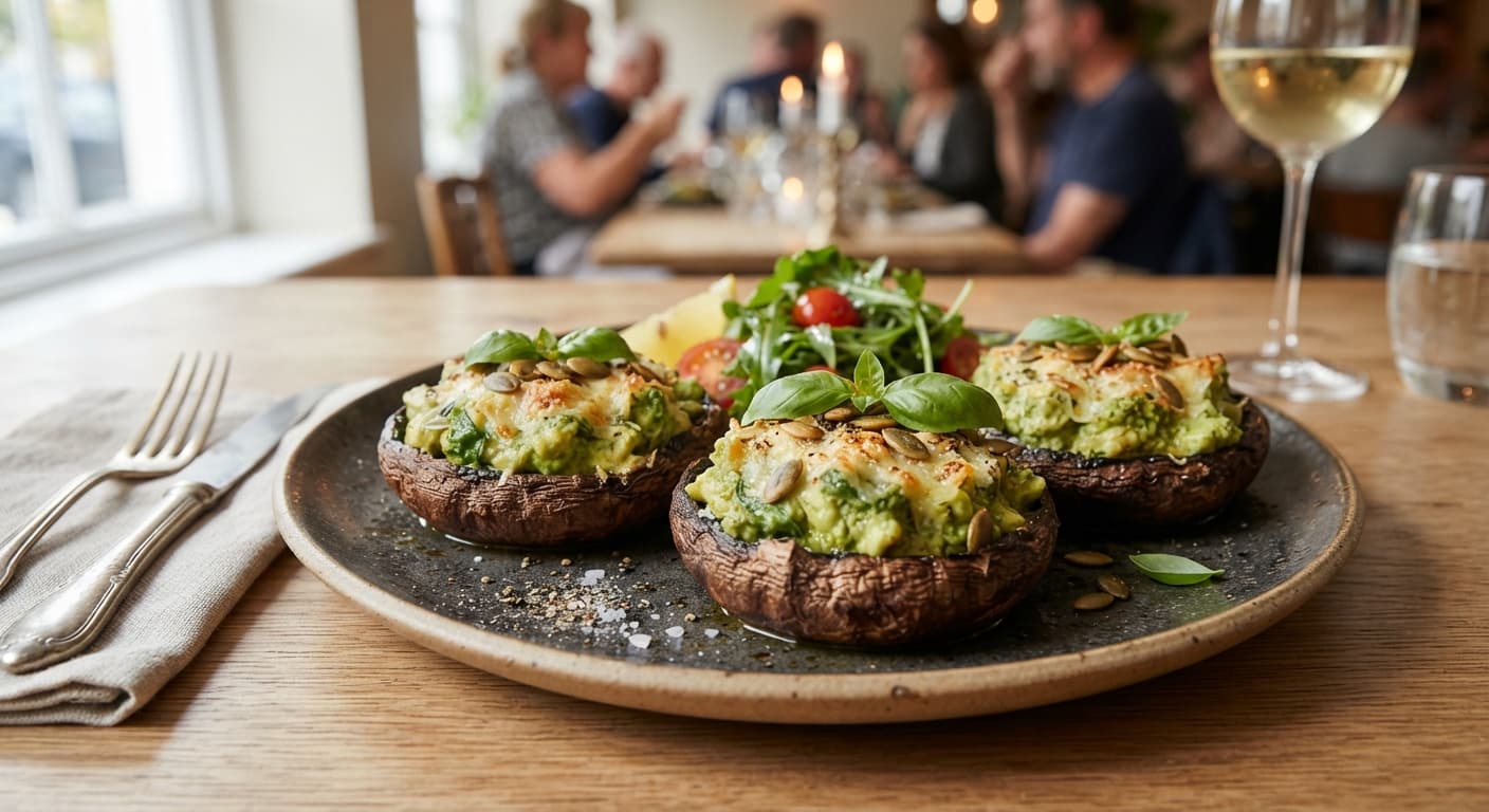 Avocado & Walnut‑Free Pesto Stuffed Portobello Mushrooms