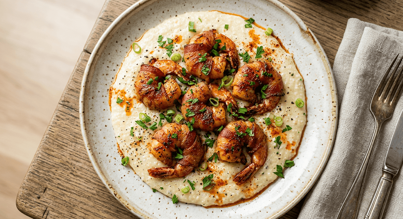 Bacon-Wrapped Cajun Shrimp and Grits