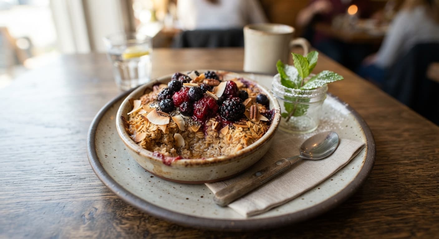 Baked Coconut-Vanilla Oatmeal with Roasted Berries