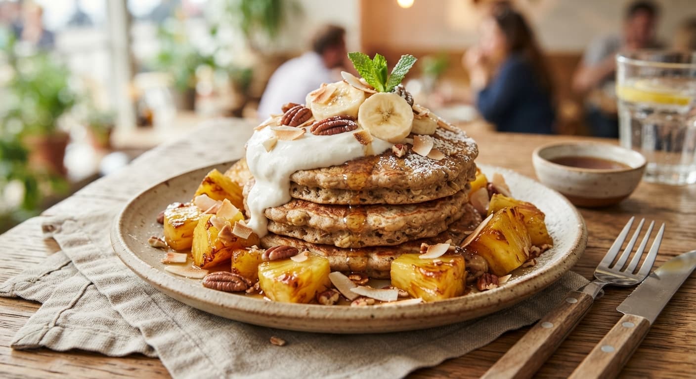 Banana Oat Pancakes with Coconut Whipped Cream and Caramelized Pineapple