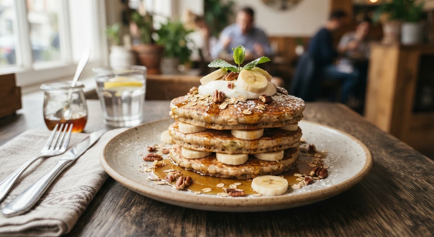 Banana Oat Pancakes with Maple Drizzle