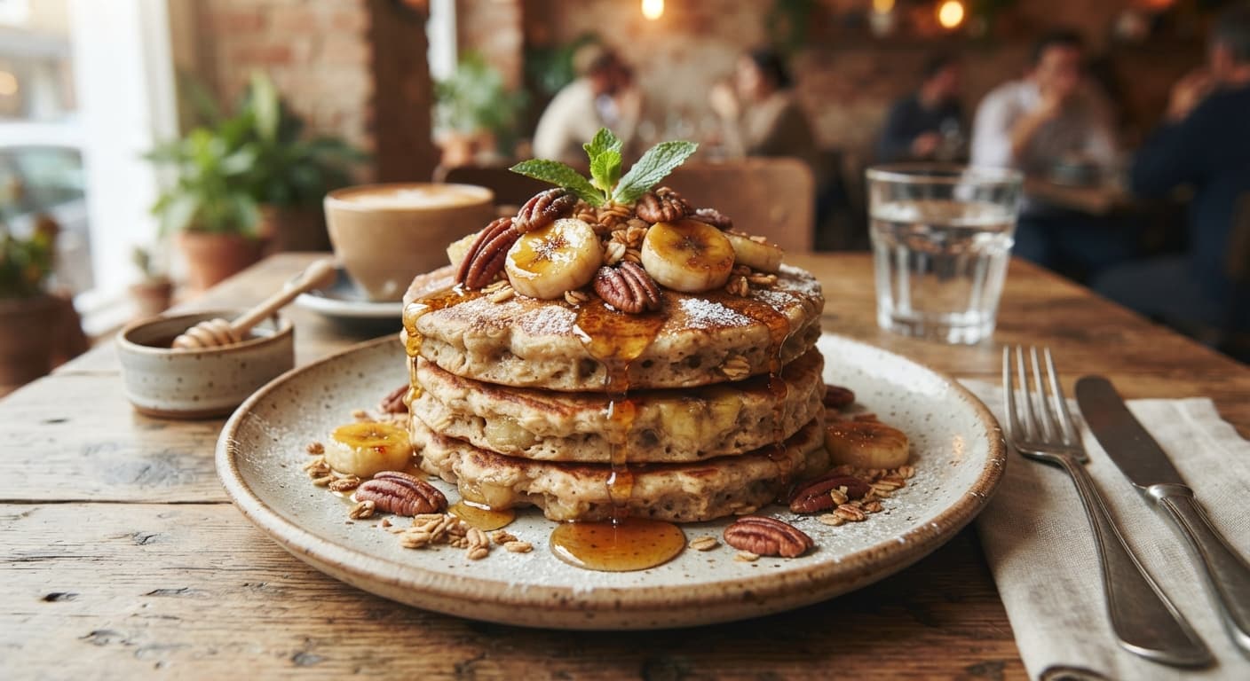Banana Oat Pancakes with Maple Syrup