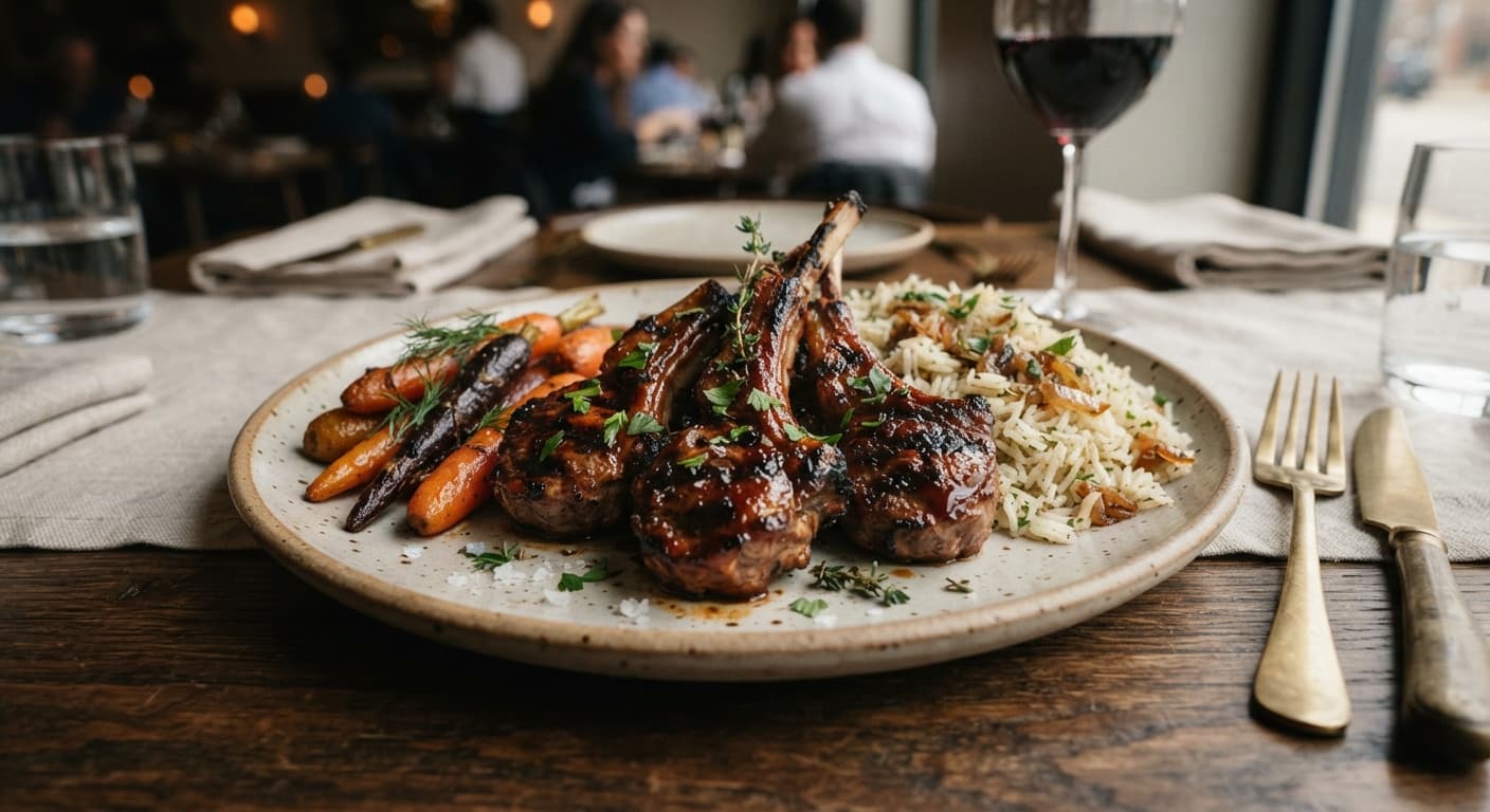 BBQ Glazed Lamb Chops with Carrots and Rice