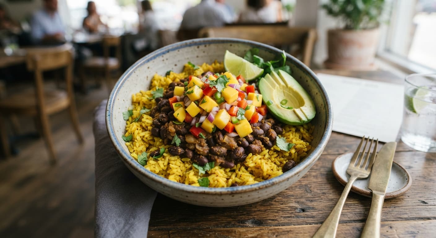 Black Bean and Yellow Rice Bowl with Mango Salsa