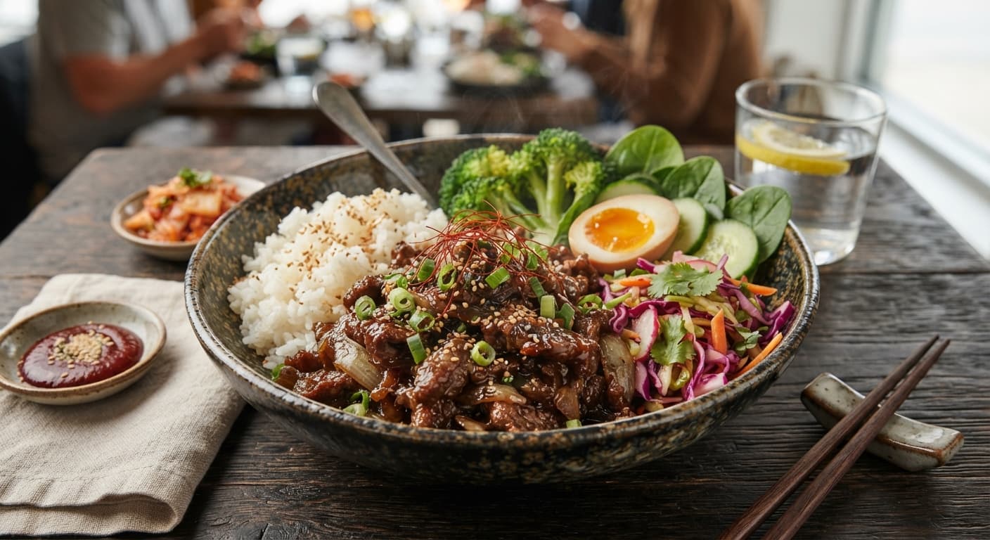 Braised Beef Bulgogi Bowls with Quick-Pickled Cabbage and Steamed Rice