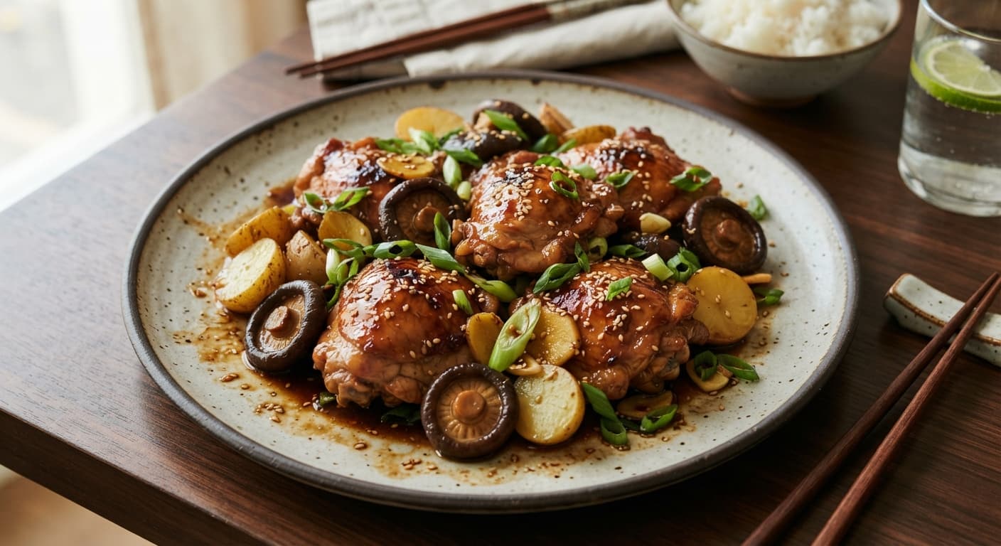 Braised Chicken with Shiitake Mushrooms and Baby Potatoes in Ginger-Scallion Sauce
