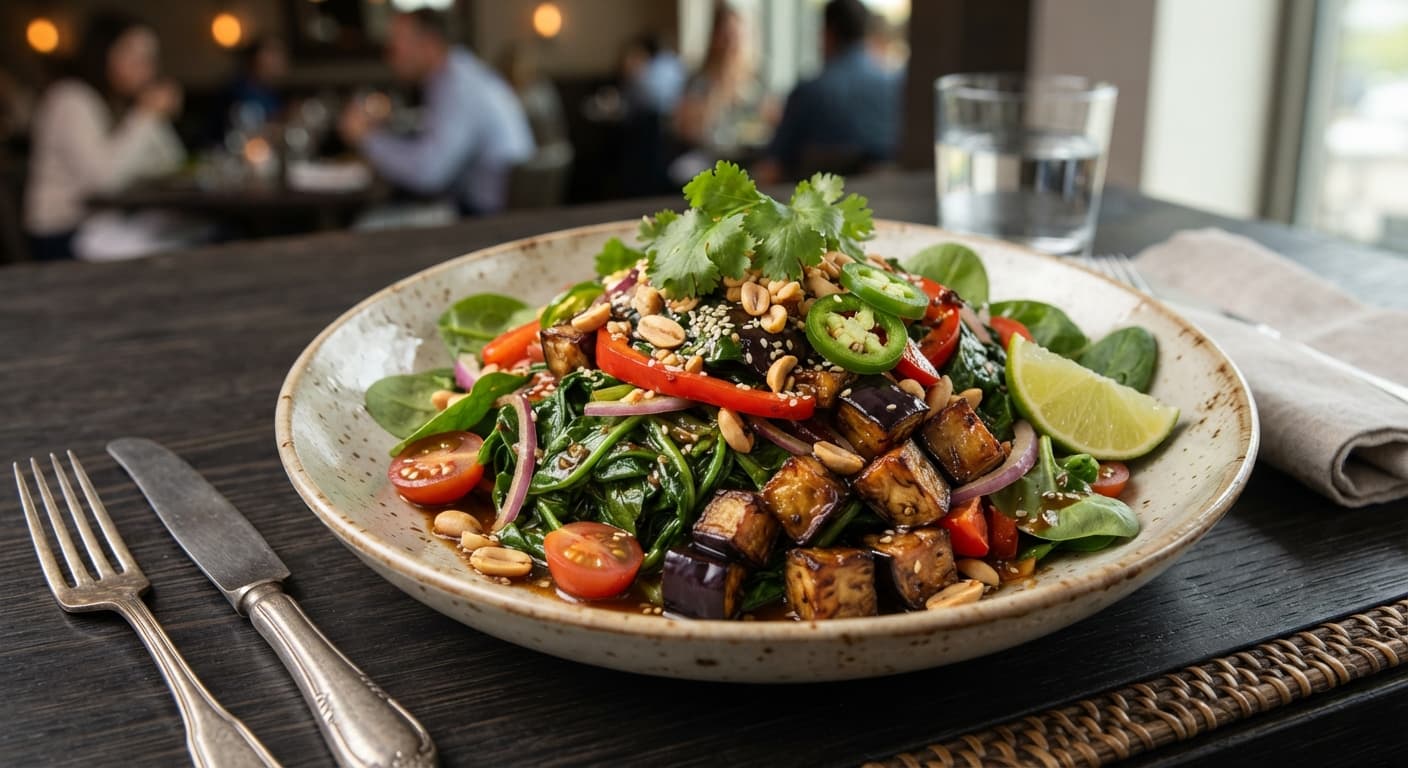 Brazilian Spinach and Eggplant Salad with Spicy Soy‑Lime Glaze