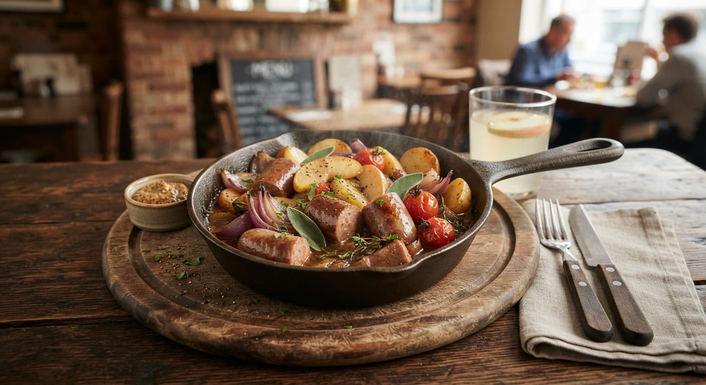 British-style Breakfast Sausage & Apple Skillet
