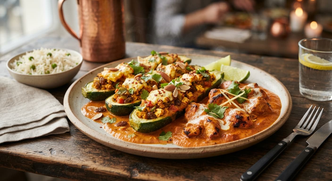 Butter Chicken with Paneer-Stuffed Zucchini Boats