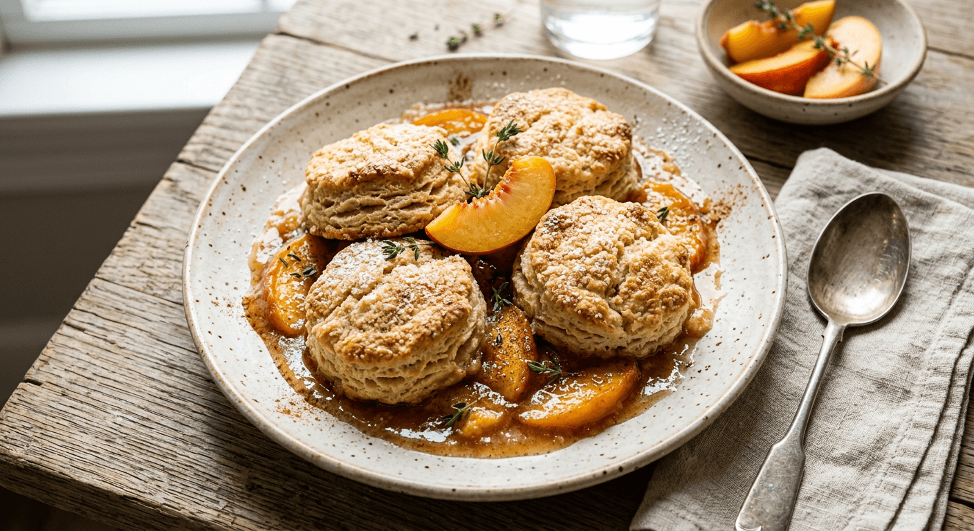 Buttermilk Biscuit Topped Peach Cobbler
