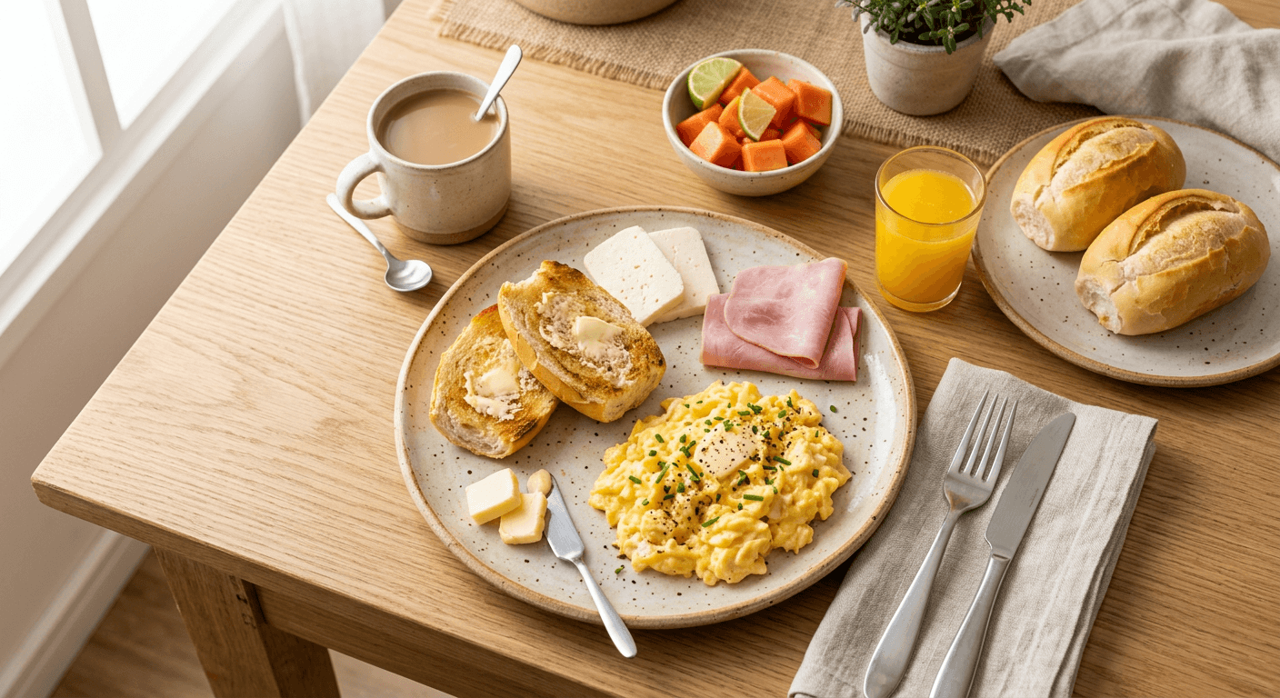 Café Da Manhã Brasileiro With Scrambled Eggs And Pão Francês