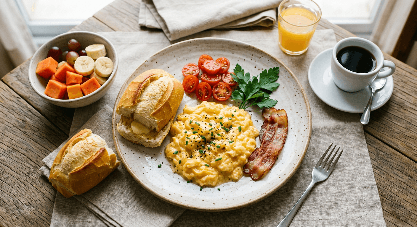 Café Da Manhã Brasileiro With Scrambled Eggs And Pão Francês