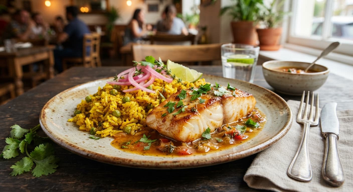 Caribbean Braised Cod with Yellow Rice and Red Onions