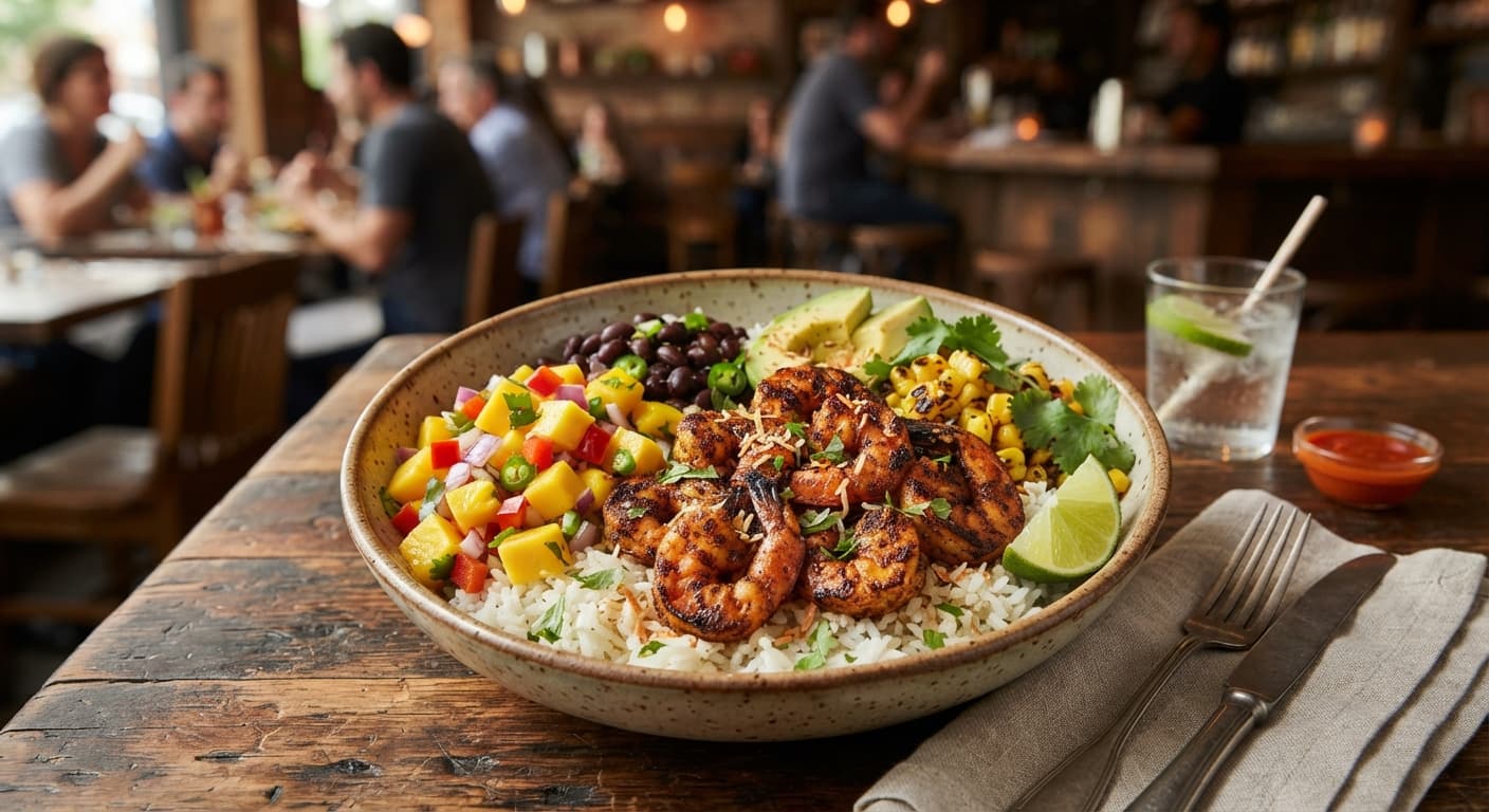 Caribbean Shrimp Rice Bowl with Mango Salsa