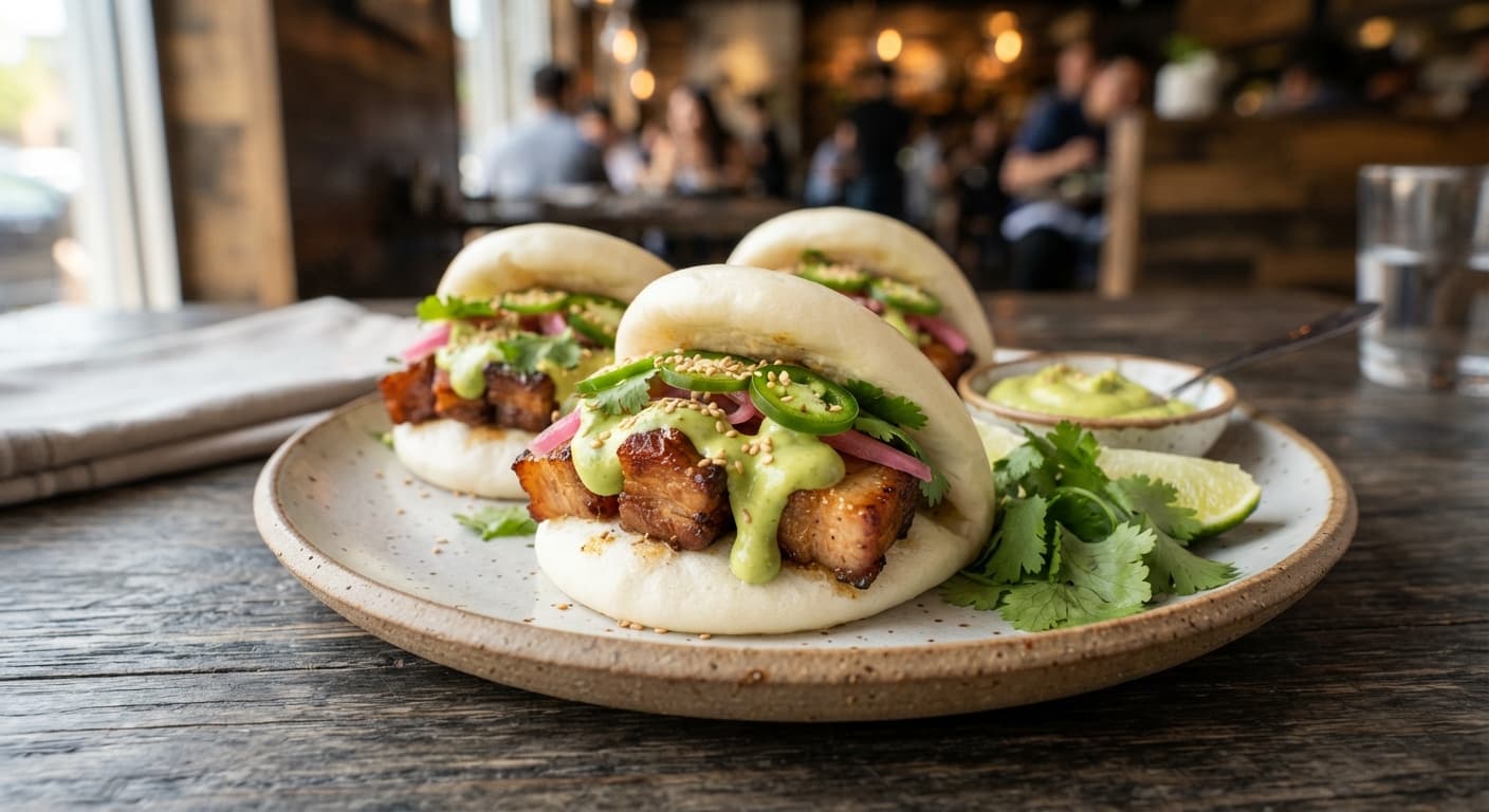Carnitas-Style Pork Belly Bao with Avocado Crema