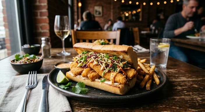 Catfish Po' Boy with Sesame-Sichuan Slaw