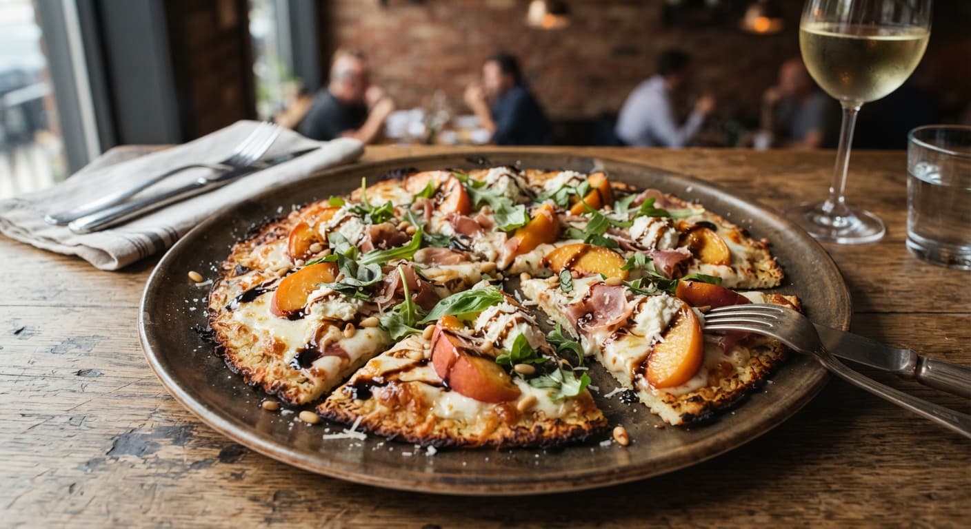 Cauliflower Crust Prosciutto & Peach Pizza with Balsamic Glaze