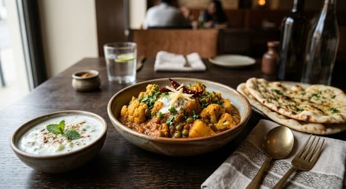 Cauliflower & Potato Masala Bowl with Cucumber Raita