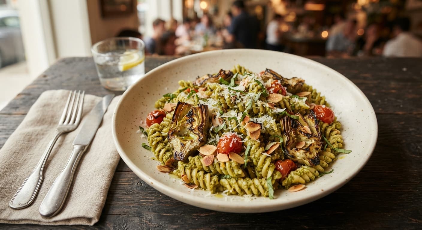 Charred Artichoke and Almond Pesto Fusilli