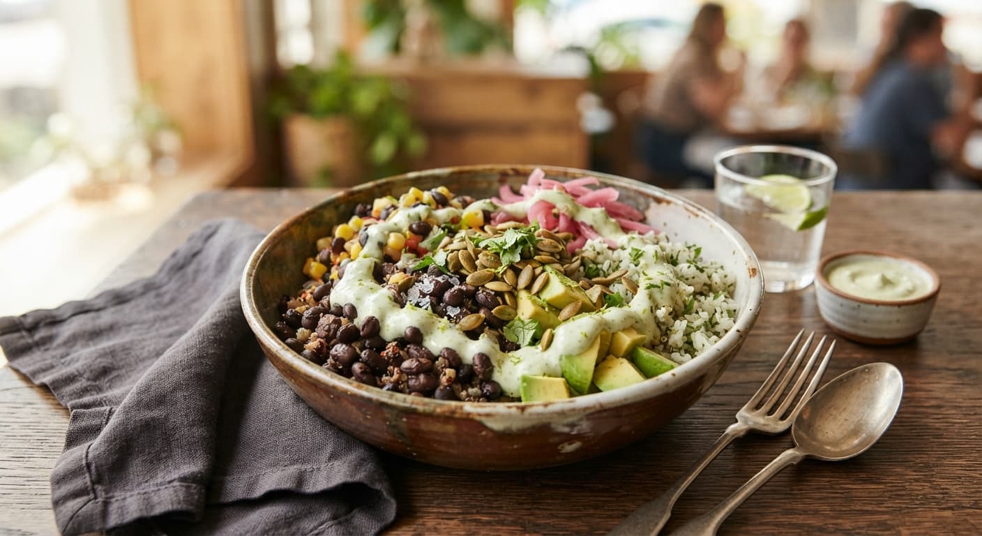 Charred Black Bean and Avocado Bowl with Lime Crema