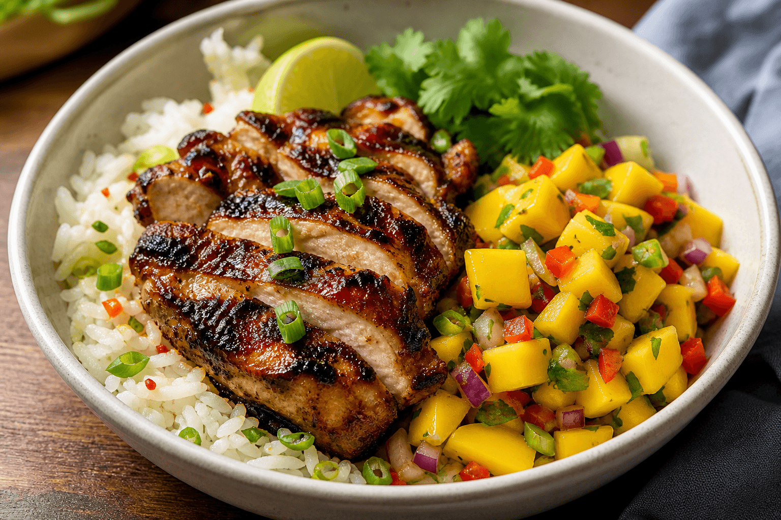 Charred Lemongrass Chicken Bowl with Mango Salsa