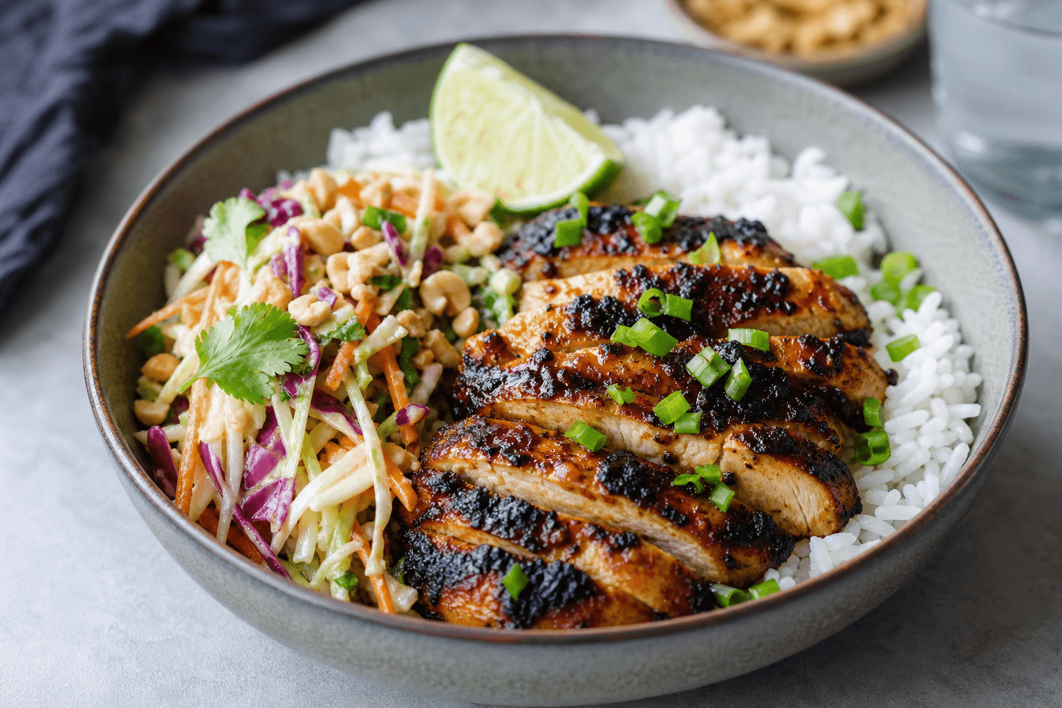 Charred Lemongrass Chicken Bowl with Peanut-Lime Slaw