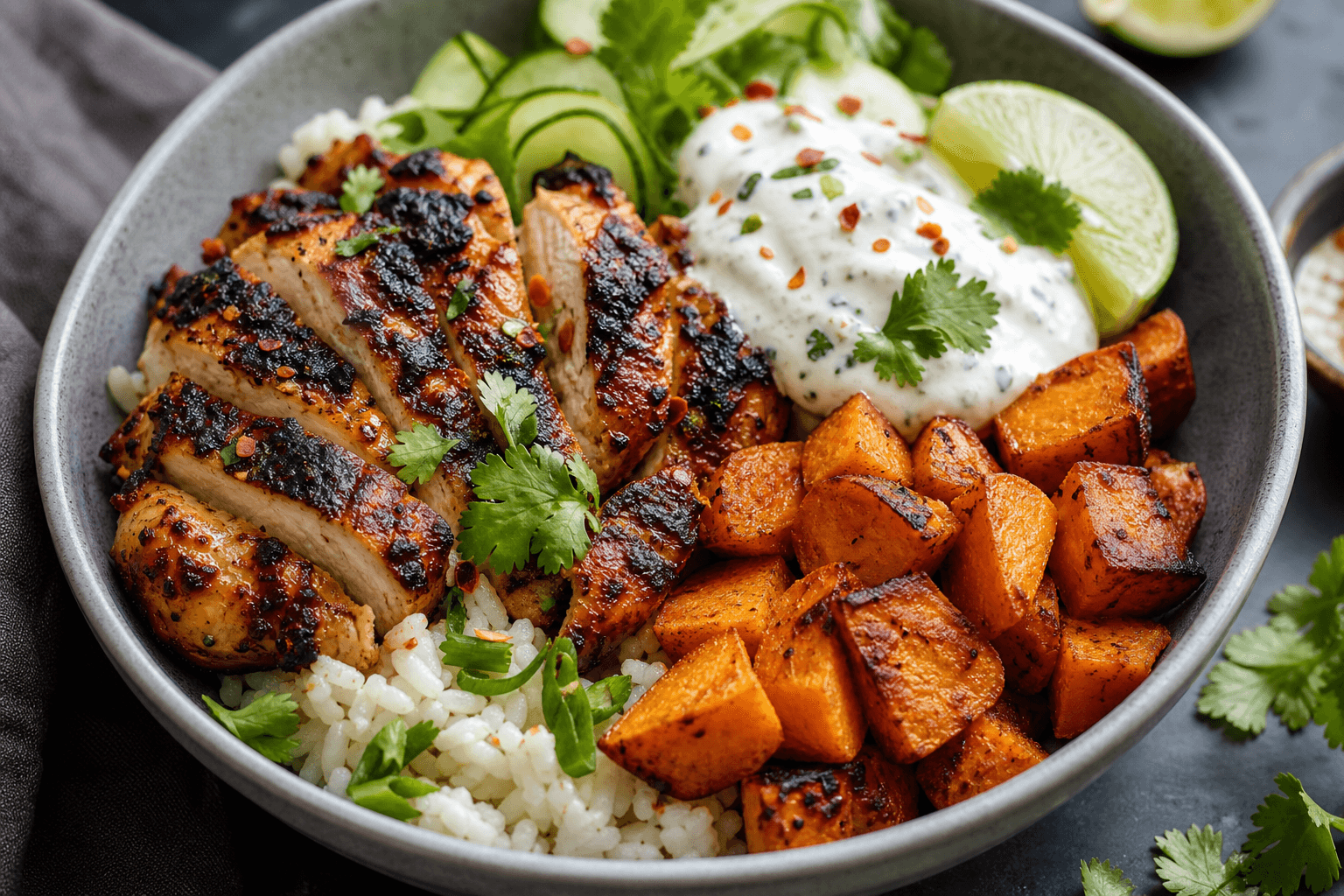 Charred Lemongrass Chicken Bowl with Roasted Sweet Potatoes and Lime Yogurt