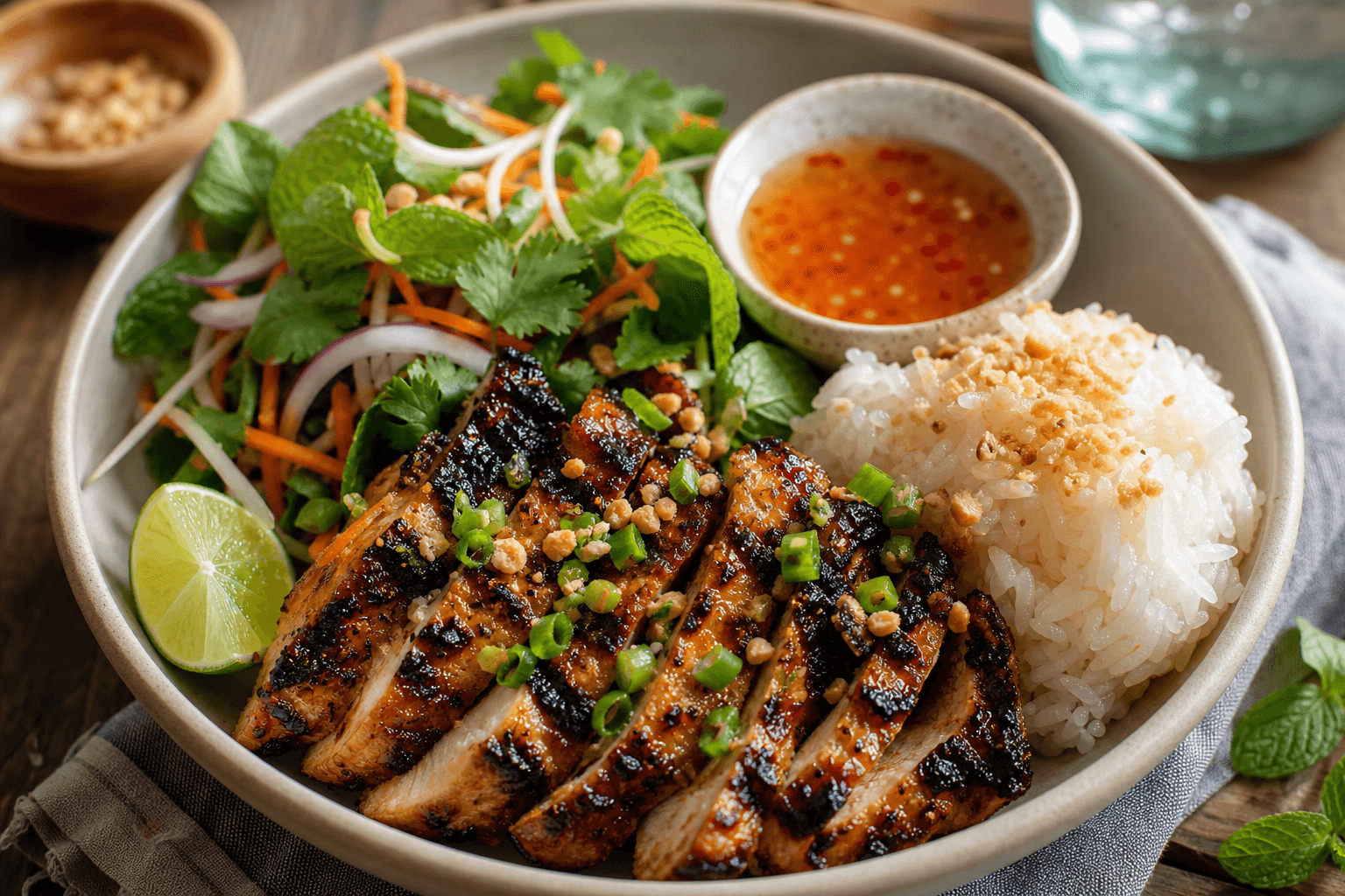 Charred Lemongrass Chicken Bowl with Sticky Rice and Herb Salad