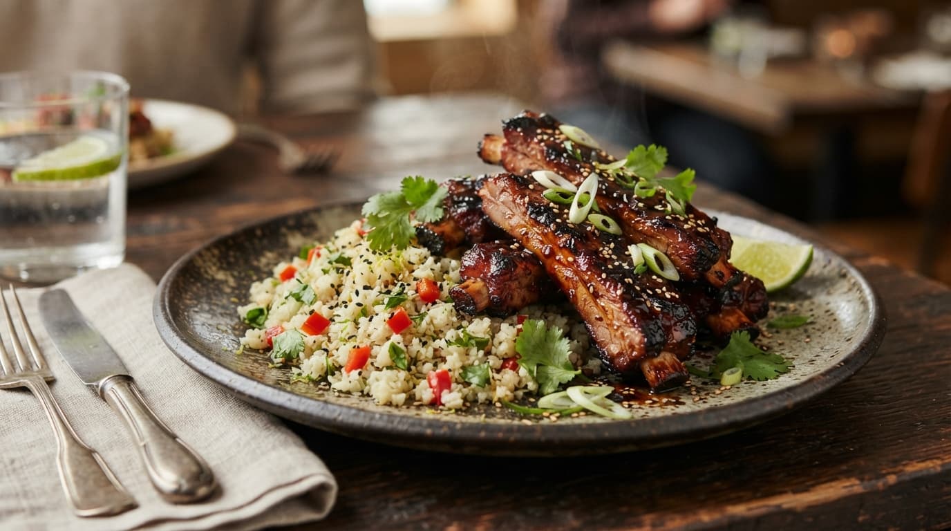 Charred Teriyaki Spare Ribs with Coconut‑Lime Cauliflower Rice
