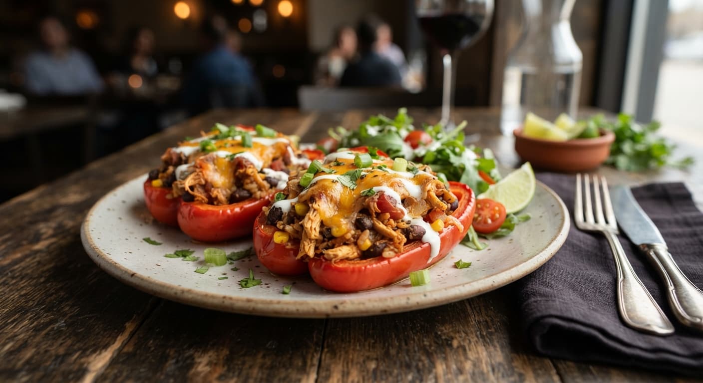 Chicken and Black Bean Stuffed Peppers with Melted Cheddar