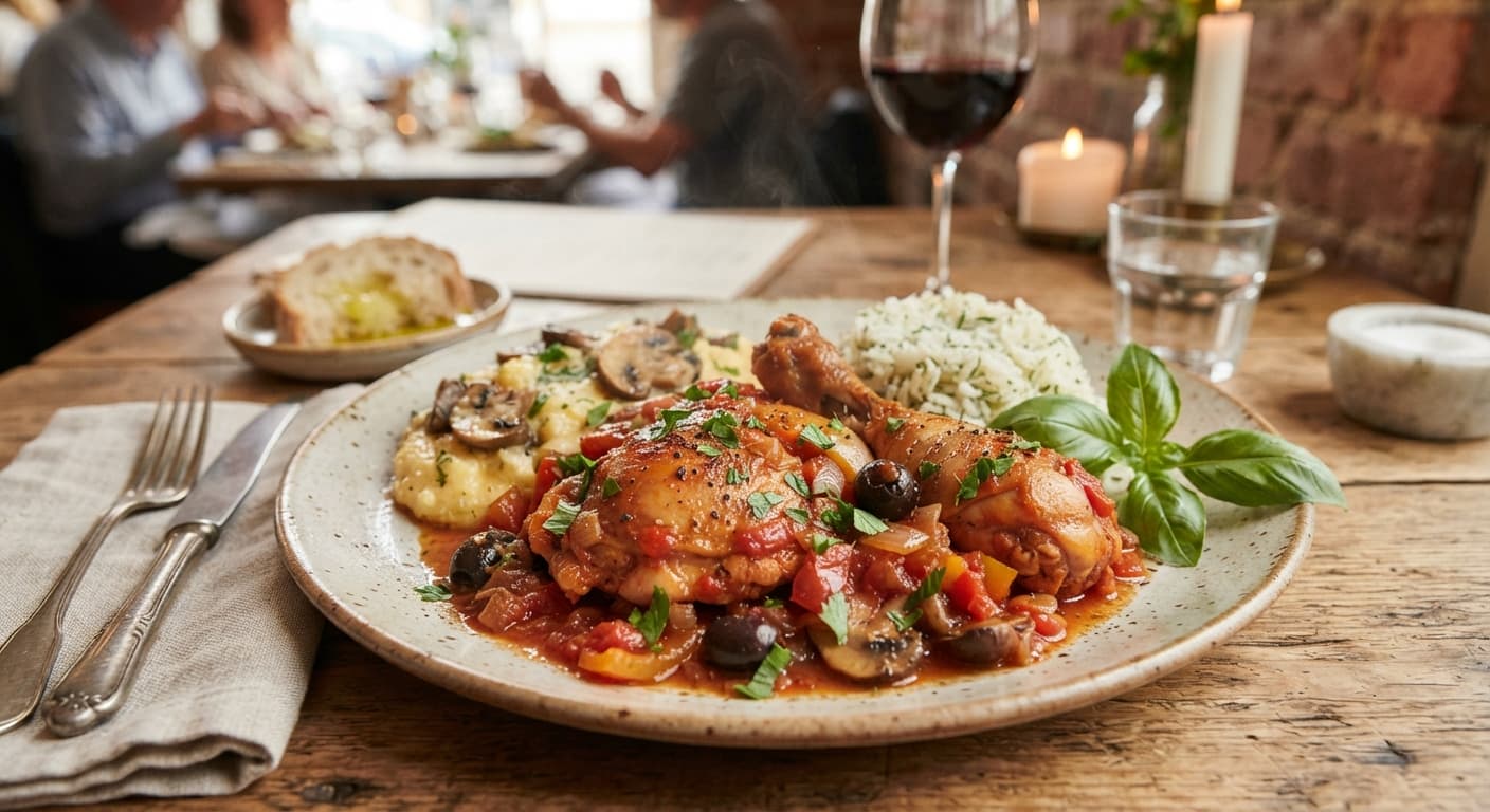 Chicken Cacciatore with Polenta-Style Mushrooms and Rice