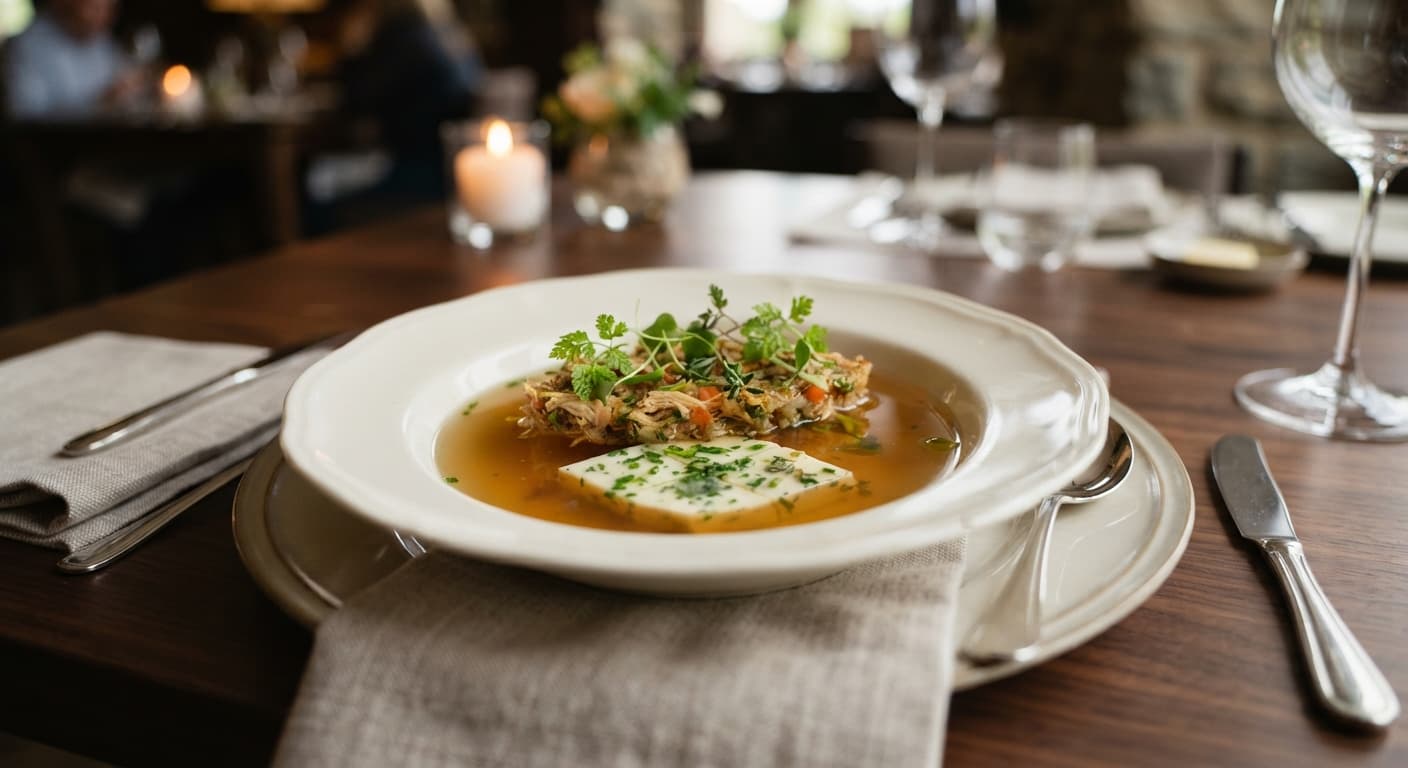 Chicken Consommé with Raft and Herb Royale