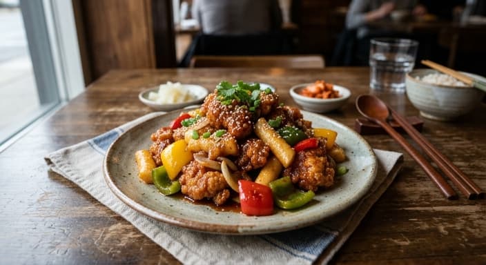 Chicken Gangjung with Rice Cake and Bell Pepper