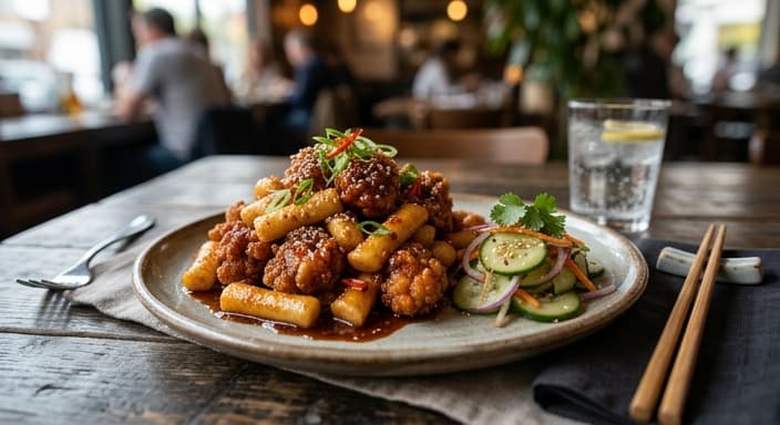 Chicken Gangjung with Rice Cake and Cucumber Slaw