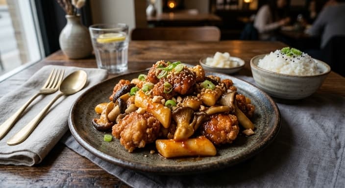 Chicken Gangjung with Rice Cake and Mushrooms